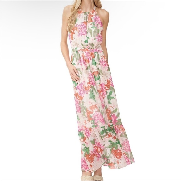 New CECE Maxi Halter Dress Size 8 Pink Garden Romance Floral Flounce Halter NWT - Picture 1 of 16